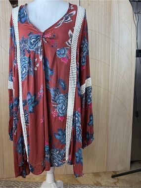 Anandas Collection Rust Floral Rayon Boho Crochet Tunic Blouse